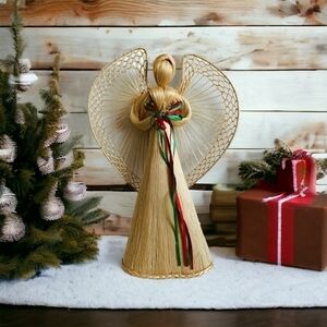 VNTG Handcrafted Corn Husk Straw Praying ANGEL Statue Figurine Christmas Decor